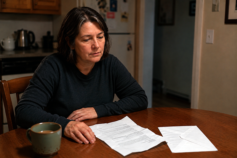 A partially open filing drawer with envelopes and documents inside, softly lit