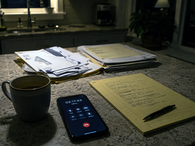 A clean, organized desk with a single closed folder, softly lit, a sense of calm and resolution